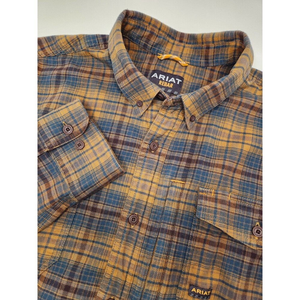 Ariat Rebar Shirt Men's XL Blue Brown Plaid‎ Flannel Long Sleeve Workwear